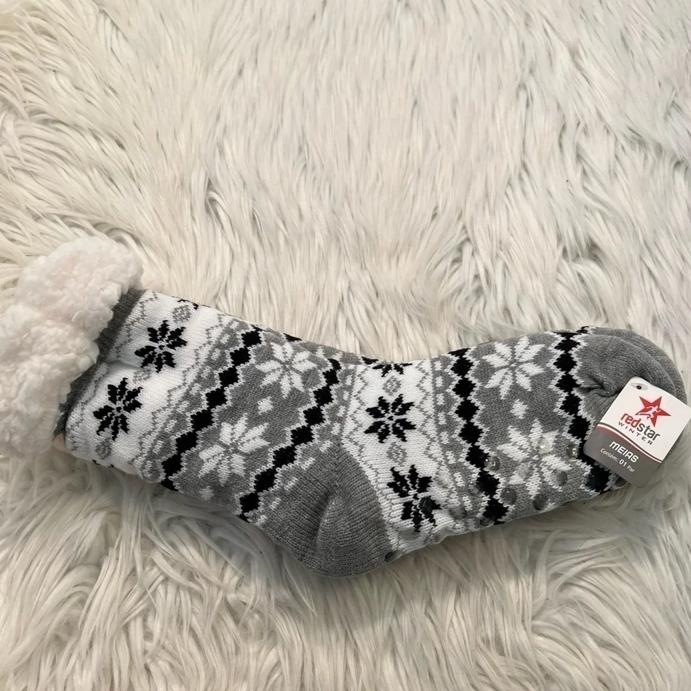 Redstar Unisex Kids Slipper Socks Gray Black White Fair Isle Grippies Fuzzy